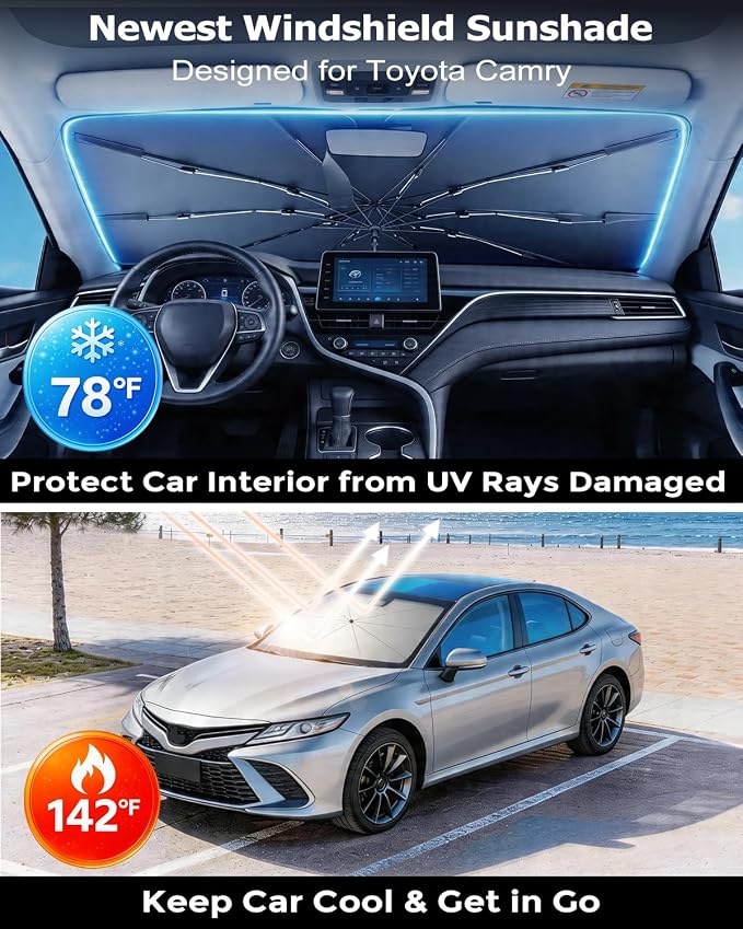 DMJN Umbrella Windshield Sun Shade for Toyota Camry (2011-2026), Car Sunshade for Front Windshield [Nano Ice-Crystal Coatings] UPF50+ Heat & UV Block, Protect Interior & Keep Cooler