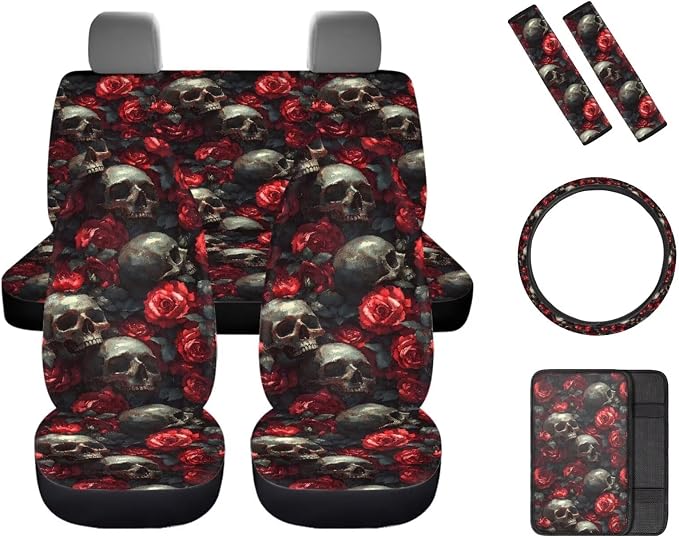 Red Rose Skulls Car Seat Covers Full Set, Car Steering Wheel Cover Protector, Auto Center Console Pad, Auto Seat Belt Pads, 8 Pcs Automotive Interior Accessories