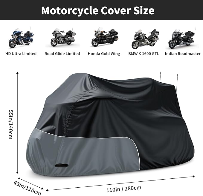 Motorcycle Cover Heavy Duty Waterproof, for Motorcycle with Side+Top Box, Compatible with Harley Davidson Ultra Ltd, Road Glide Ltd, Honda Goldwing, BMW, Indian Motorcycle Accessories, Black/Grey
