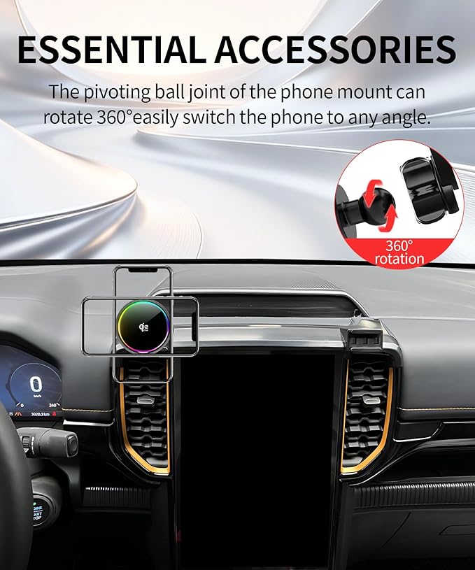 Qi2.2 25W Magnetic Car Mount Charger for Ford Ranger 2023 2024 2025 2026 Accessories, for Fast Charging Cell Phone Holder 12.1 Inch Screen Fixed Clip with Cooling Fan＆54W Fast Adapter