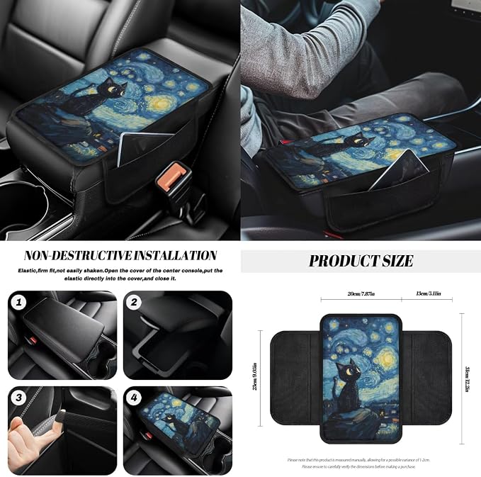 Starry Cat Print Car Seat Covers Front and Back Full Set with Steering Wheel Cover Armrest Cushion Safety Belt Pads Rearview Mirror Cover for Most Cars, Easy to Install