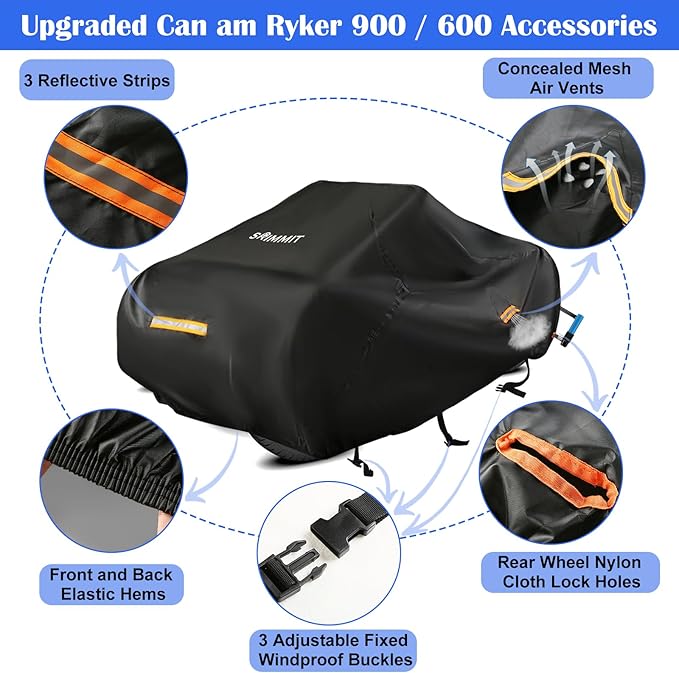 Heavy Duty 420D 3-Wheel Motorcycle Full Cover Waterproof, fits 3‑Wheel Motorcycle Models, Suit for Can‑am Ryker 600/900/Sport/Rally Edition,Upgraded Rain Snow Protection Cover with Waterproof Strips