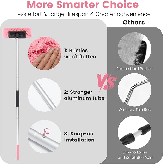 Car Wash Brush with Long Handle, 60'' Soft Bristle Cleaning Brush, Car Cleaning Brushes, Carwash Brushes for SUV, RV, Boat, Truck, House Siding, Sweep Snow,Pink