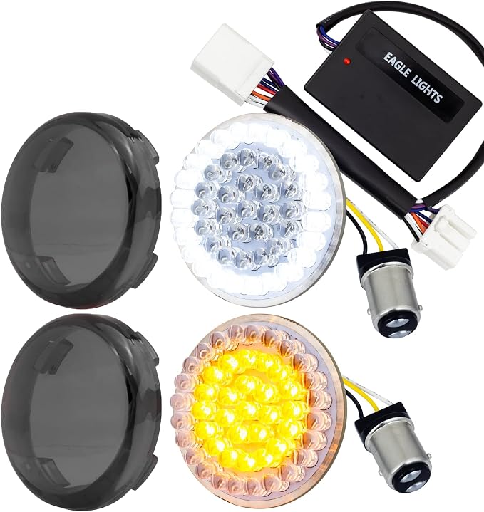 Eagle Lights 8748TS-S-EE 2 Inch Front LED Turn Signals with White Halo Running Lights Compatible With Harley Davidson® Motorcycles - Generation I / 1157 Base/Add Smoked Lenses/Add Load Equalizer