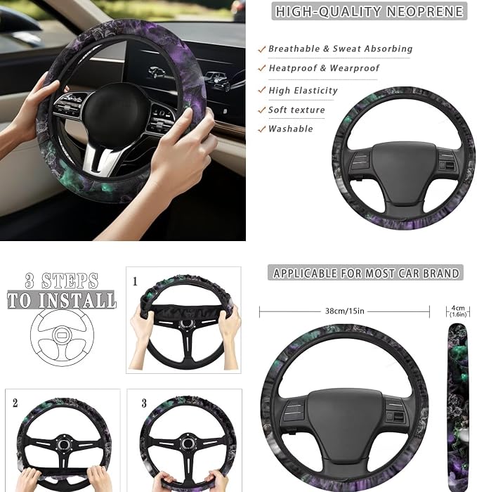 8 Pcs Smoke Skull Car Seat Covers Full Set Car Accessories for Women Front Seat Cover Steering Wheel Armrest Cover Seat Belt Cover for Auto SUV Interior Decoration