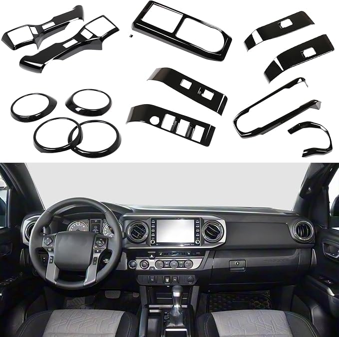 14PCS Full Set Interior Decoration Trim Kit Compatible with Toyot@ Tacoma 2016-2022 Central Control Dashboard Frame Cover Shift Knob Cover Air Vent Trim Cover Window Button Cover (Piano Black)