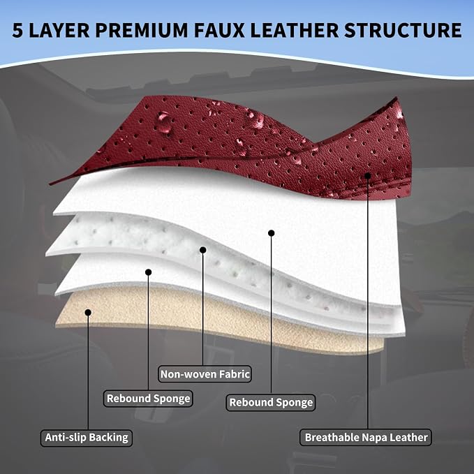 Red Leather Car Seat Covers Full Set Breathable Seat Protectors Waterproof Automotive Seat Covers Universal Fit for Most Cars SUVs Trucks Vehicles