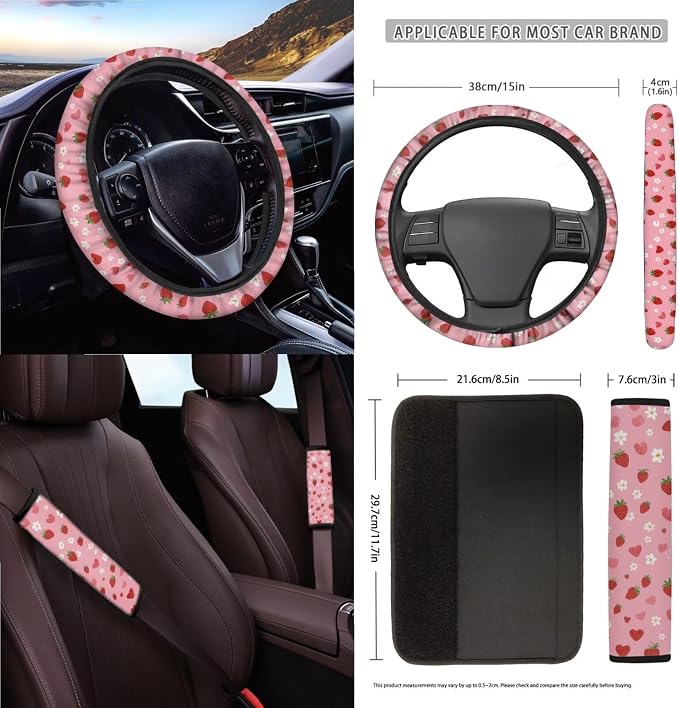 Strawberry Flower Print Car Seat Covers Front and Back Full Set with Steering Wheel Cover Safety Belt Pads Inside Rearview Mirror Protector Garbage Bag Cup Coasters and Keychain