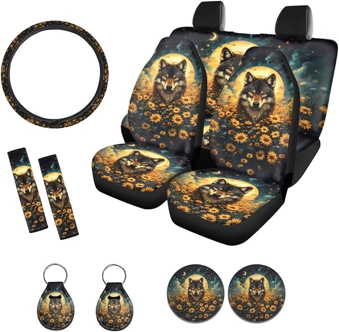 Suobstales Wolf Sunflower Moon Print Car Accessories with Car Front Rear Split Seat Covers, Seat Belt Pads + Steering Wheel Cover + Coaster + Keyrings for Women Men Set of 11-Pcs