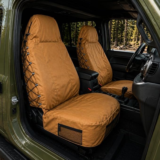 Coyote Tan Canvas Seat Covers for Jeep Wrangler JL/JK/TJ/YJ 2-Door/4-Door, Durable Tactical Multi Pockets Trucks Seat Protectors Front Pair Rain Defender (Coyote Tan)