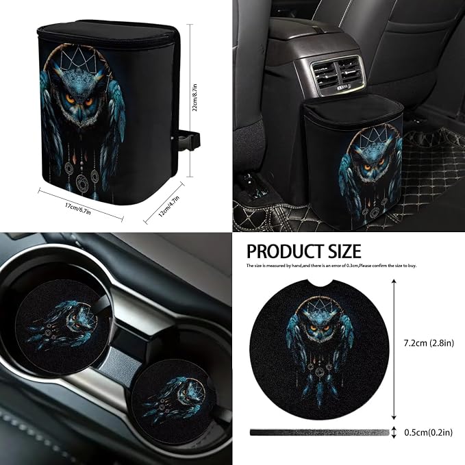 Suobstales Owl Dreamcatcher Print Car Seat Cover Interior Accessories Set of 13, Steering Wheel Covers, Car Trash Can, Seatbelt Cover, Coasters, Keychains, Rearview Mirror Cover for Truck SUV Sedan
