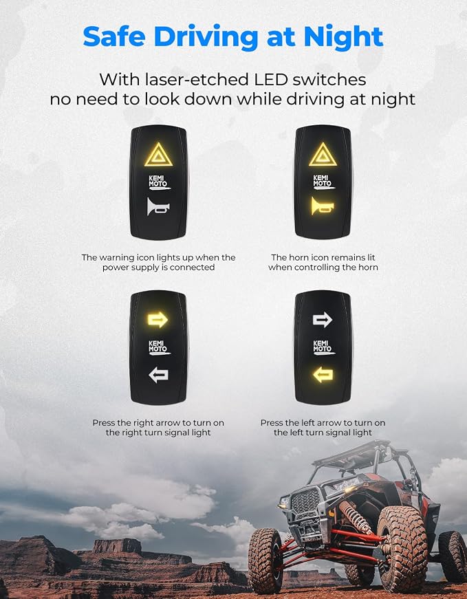 KEMIMOTO UTV Triangle Turn Signal Kit with Rocker Switch and 110 dB Horn | Pre-Wired, Plug and Play, Universal Street Legal Kit, Compatible with Polaris, Can-Am, Kawasaki, CFMOTO