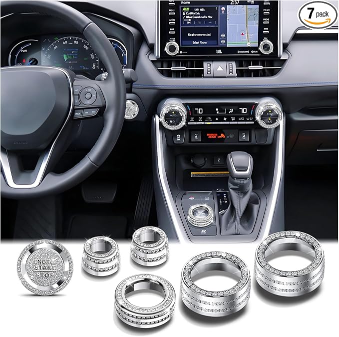 for Toyota RAV4 Hybrid/Plug-in Hybrid Accessories 2019 2020 2021 2022 2023 2024 2025, 7-Piece Aluminum Alloy Knob Cover Trim Kit - Push Start Button, AC, Volume & Drive Mode (Bling)