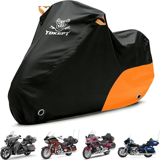 Motorcycle Cover Waterproof All Season Outdoor Protection, Fits up to 116 Inch, Compatible with Cruisers & Touring Models, with Locking Holes & Reflective Strips (Black&Orange)