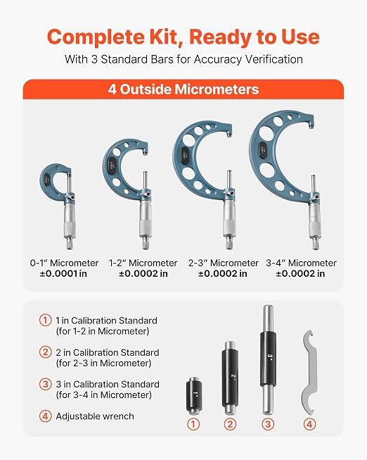 VEVOR 4 PCS Micrometer Set, 0-1"/1-2"/2-3"/3-4" Machinist Outside Micrometer, Ultra-Precision 0.0001 Accuracy, Professional Machinist Tools with Protective Case, for Metalworking & Engineering
