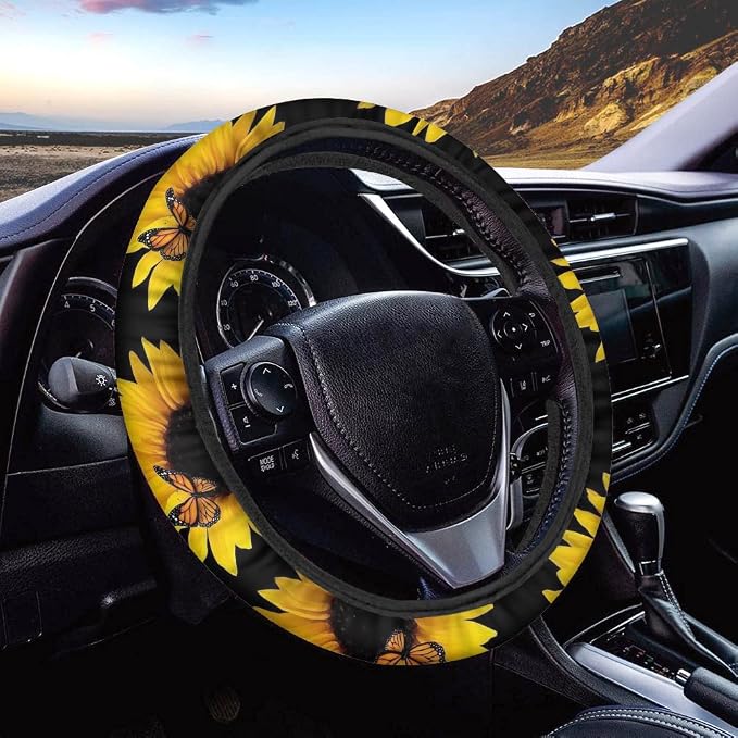 BIGCARJOB She's Sunshine Sunflower Car Seat Covers Full Set of 12 Pack Steering Wheel Cover for Women Gifts with Seat Belt Pads, Coasters,Vehicle Seat Cover,Fit Most Car SUV Van Truck