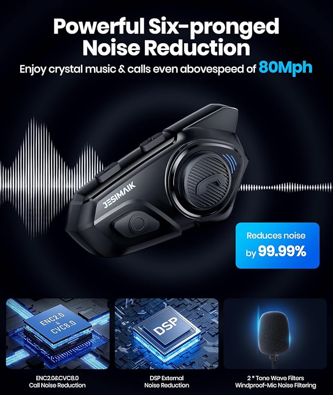 JESIMAIK Motorcycle Helmet Bluetooth Headset, 10 Way 2KM Helmet Communication System, Multitasking Audio Motorcycle Intercom, 2 Mics&40mm Speaker (1 Pack)