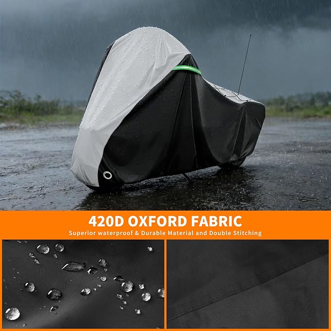 COVERVIN Motorcycle Cover for Harley Davidson Touring Road King Road Glide Electra Glide Street Glide Low Rider-ST Heritage Classic HD Goldwing, All Weather Waterproof Cruiser Cover, Black&Silver