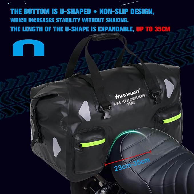 WILD HEART Dry Motorcycle Tail bag 70L/50L With Rope Straps and Inner Pocket Waterproof PVC 500D for Travel,Motorcycle and so on
