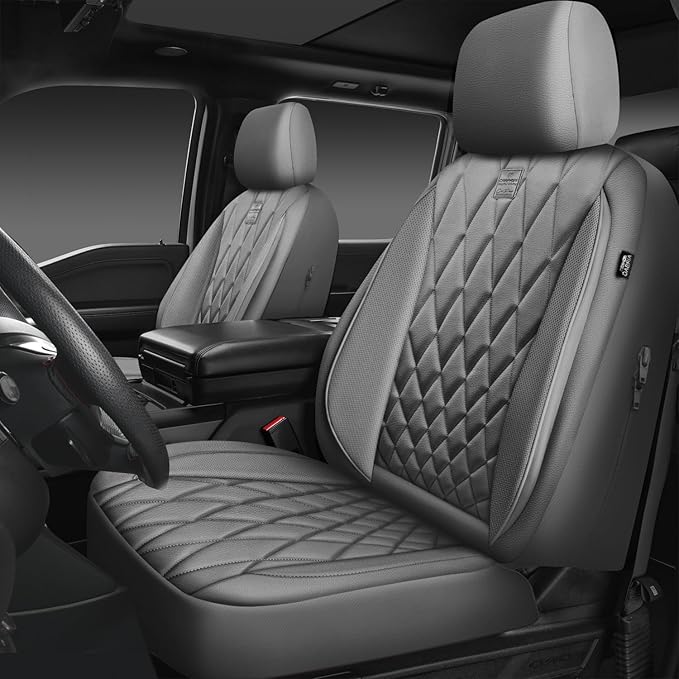 CAR PASS Piping Luxury PU Leather Two Front Car Seat Covers and 3 Pieces Heavy Duty Rubber Deep Dish All Weather Car Floor Mats, Universal Fit for 95% Sedan SUV Van Truck, All Gray