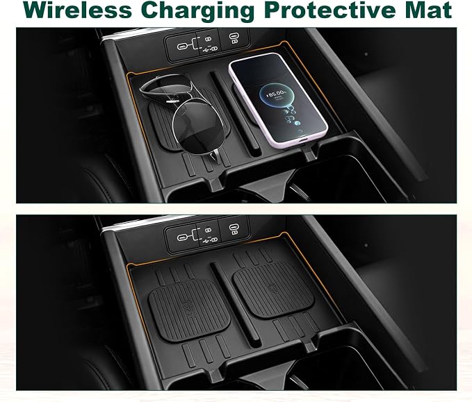 4PCS Center Console Organizer for 2024-2026 Hyundai Santa Fe Accessories, Wireless Charging Mat + Cup Holder Insert + Lower Console Organizer + Center Console Organizer for Santa Fe Accessories