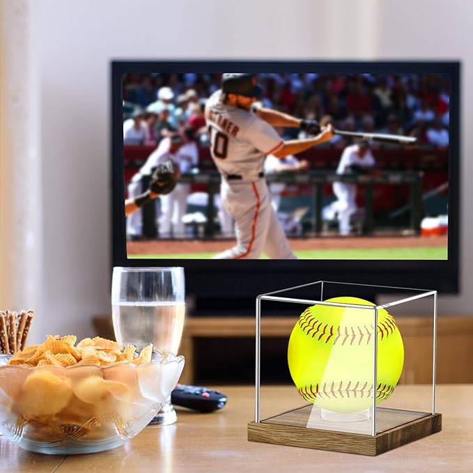 Hooqict Softball Display Case Clear Acrylic Ball Holder UV Protected with Wood Base Stand, Softball Case Display Box Championship Square Box for Golf Tennis Game Ball Baseball