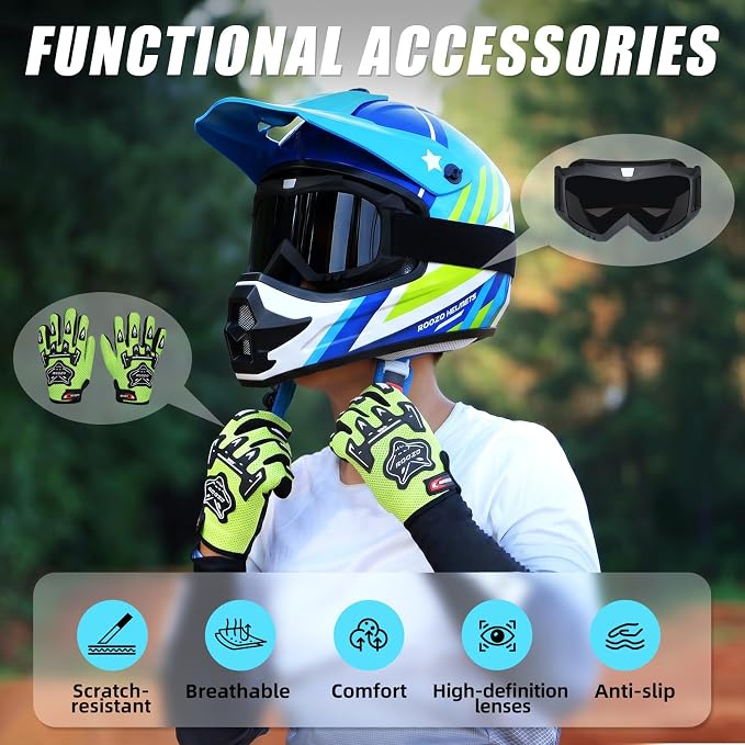 Youth Dirt Bike Helmet DOT Approved, Kids Motocross Full Face Helmet with Adjustable Goggles Riding Gloves & Storage Bag, Off-Road Sport Gear Set for Boys Girls ATV UTV