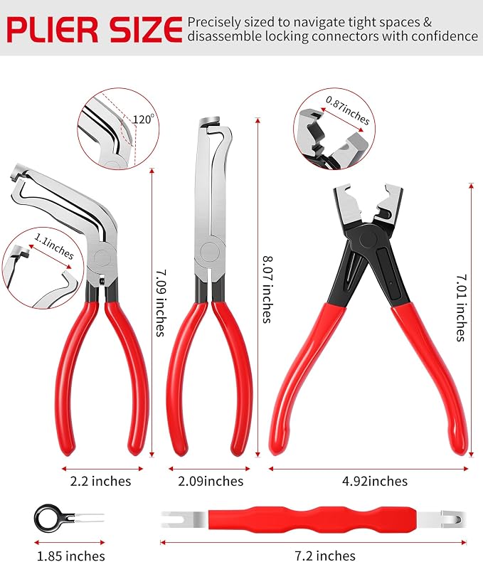 5 Pieces Electrical Disconnect Pliers for Cars Automotive Electrical Plug Connector Disconnect Tool and Connector Separator and Hose Clamp Pliers with Gloves for Cars, Trucks & SUVs (Red)