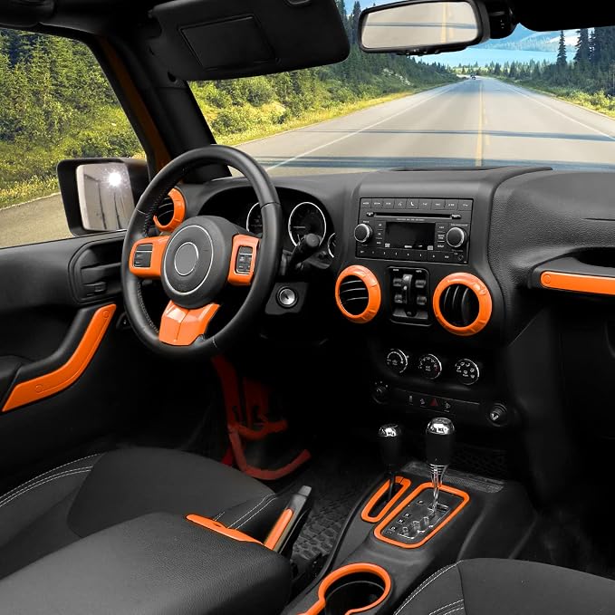 CheroCar 18PCS Interior Trim Kit for Jeep Wrangler JK JKU 2011-2018 4 Door,Steering Button Frame, Air Conditioning Vent Trim Cup Holder Cover,Gear Shift Knobs Frame,Orange…