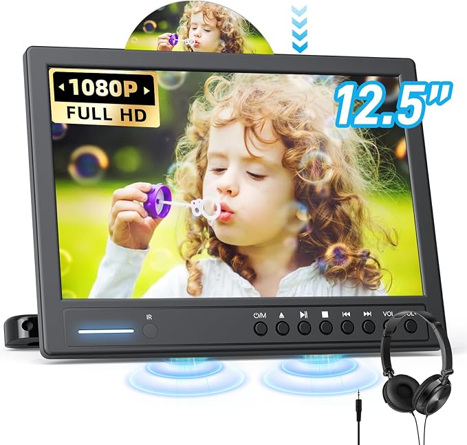 Arafuna 12.5" Car DVD Player with Headphone, Portable DVD Player with Headrest Mount, Suction-Type Disc in, Headrest DVD Player Support 1080P Video, HDMI Input, AV in/Out, USB/SD Card Reader