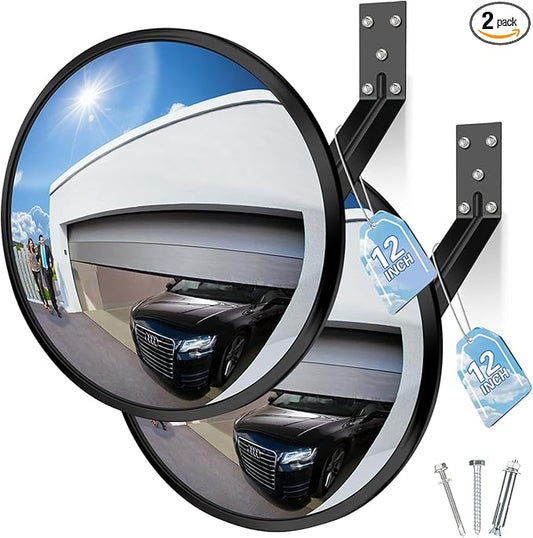 2 Pcs 12” Acrylic Convex Mirror - Adjustable Wide Angle View Security Traffic Mirror Indoor Outdoor, Wall Mounting Corner Blind Spot for Garage Warehouse, School, Store Safety and Office