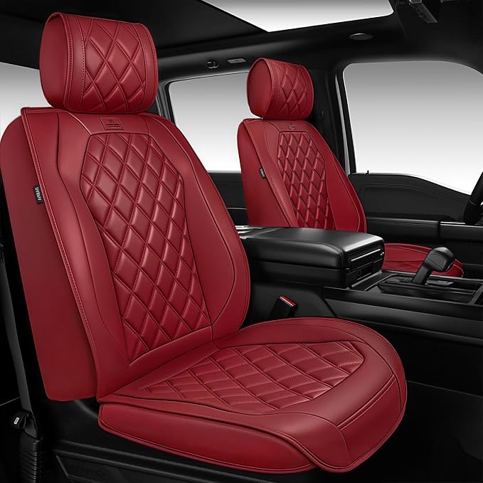 CAR PASS Burgundy Red Luxury Nappa Leather Seat Covers Front, 2 piece | 3D Rhombus Waterproof Leather Front Seat Covers, Universal Automotive Seat Cushion Fit for Sedan SUV Truck, Airbag Compatible