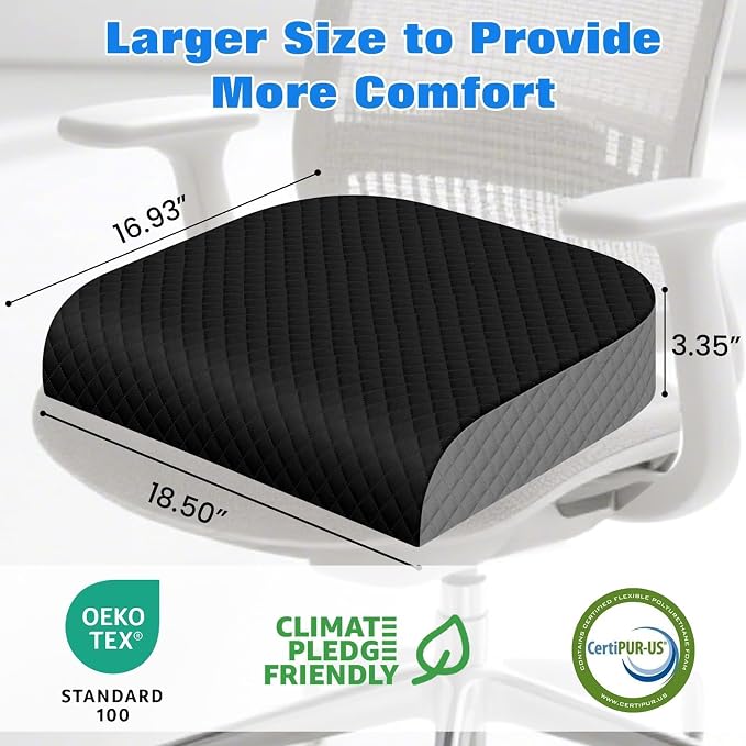 Seat Cushion for Office Chair, Memory Foam Chair Cushions, Car Seat Cushion for Long Sitting, Desk Chair Cushion for Pressure Relief, Non-Slip Bottom, Washable Cover, X-Large, Black