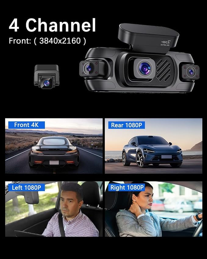 4 Channel Dash Cam Front and Rear 4K 360°View Dash Camera for Cars with GPS, G-Sensor, 5G WiFi, Loop Recording, App Control, 8 Lamps IR Night Vision, 24/7 Parking Mode, 128G Card