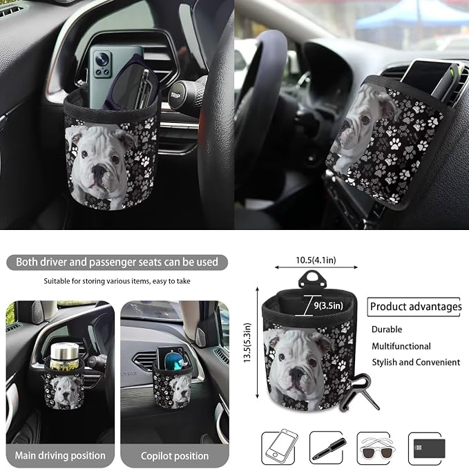 Bulldog Dog Paw Print Car Accessories Sets 10 Pack Car Seat Covers Car Trash Can Steering Wheel Cover Auto Air Vent Storage Bag Coasters Keychain Universal Fit for SUV Van Truck
