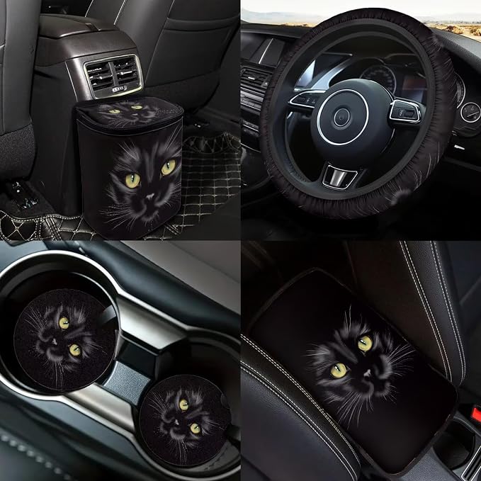 18 Pcs Black Cat Car Seat Covers Full Set Animal Cat Car Interior Accessories Full Set for Women Men Universal Car Seat Belt Pads Cover Car Trash Can Car Headrest Covers Cup Holder Coasters