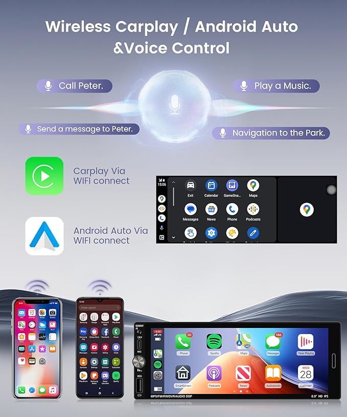 Single Din Car Radio Stereo Wireless Carplay & Android Auto, 6.9" HD IPS Touch Screen Radio, Bluetooth 5.2 Car Audio Receiver, Mirror Link, SWC, 1 Din Stereo with Backup Camera, FM/EQ/USB/Type-C