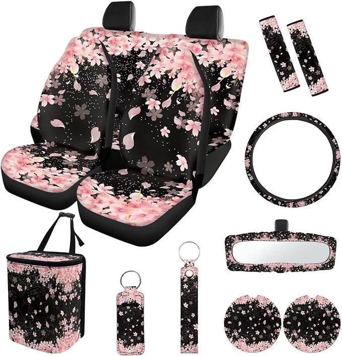 Suobstales Cherry Blossom Print Car Seat Covers Set of 13 with Universal Steering Wheel Cover, Rearview Mirror Cover, Car Trash Can, Seatbelt Pads, Cup Holder Coasters, Keychains