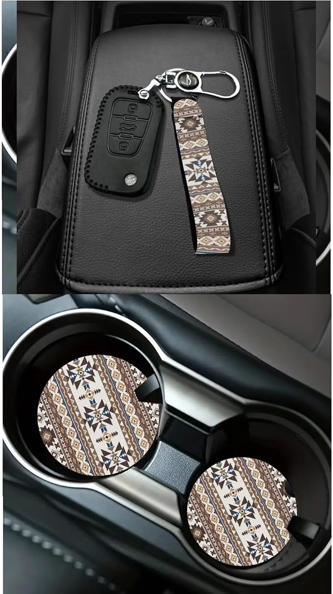 Dreaweet Aztec Car Seat Covers Full Set Native American Tribal Geometric Pattern Seat Covers with Steering Wheel Covers Seat Belt Pads Coaster Trash Can Air Vent Holder Rear View Mirror Cover Keychain