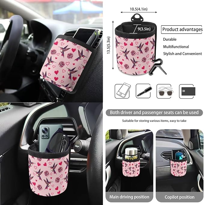 Hummingbird Rose Heart Pattern Car Seat Covers for Women with Steering Wheel Cover and Seat Belt Pads, Trash Bin, Mirror Cover, Cup Coasters, Keychain, Pack of 15