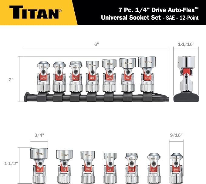 Titan 66860 7-Piece 1/4-Inch Drive SAE Auto Flex Universal Socket Set, 12-Point, 3/16-Inch to 9/16-Inch