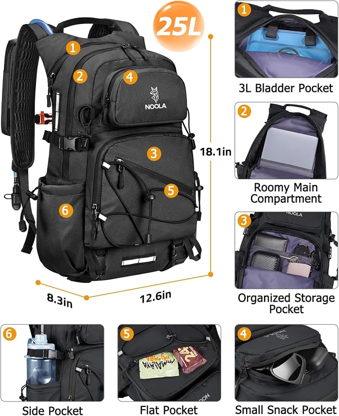 NOOLA Hydration Backpack with 3L Water Bladder - 25L Water Backpack for Hiking, Cycling, Running, Biking - Lightweight Hiking Pack Bag with Rain Cover, Phone Holder and Trekking Pole Holders, Black