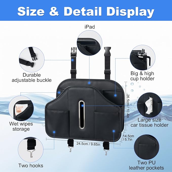 Upgraded Car Tissue Holder,Car Seat Back Organizer With Cup Holder,Premium PU Leather Headrest Seat Back Storage Fits For Kleenex Tissue Box (50-230ct)