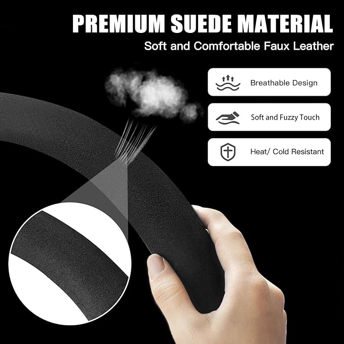Suede Steering Wheel Cover with Upgraded Silicone Inner Ring, Breathable, Anti-Slip, Leather Universal 14.5 to 15 Inch Steering Wheel Cover (Black with Blue Mark)