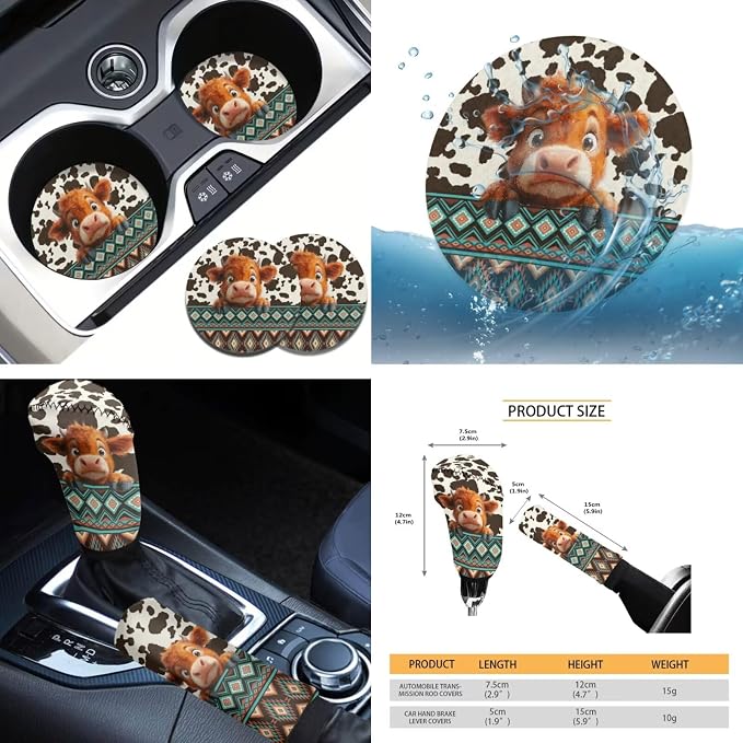 Tupalatus Boho Cow Print 9 Pcs Car Seat Covers Front Set Fashion Steering Wheel Protector Seat Belt Pads Cover Shift Cover Hand Brake Cover Cup Coasters Fit for Most Car SUV