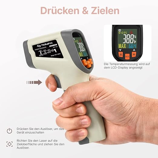 Tilswall Infrared Thermometer, Laser Temperature Gun, -50°C~600°C (-58F~1112F)with Adjustable Emissivity, for Cooking/Pizza Oven/BBQ/Vehicle Repair, Meat Thermometer included, Not for Human(OW), W301