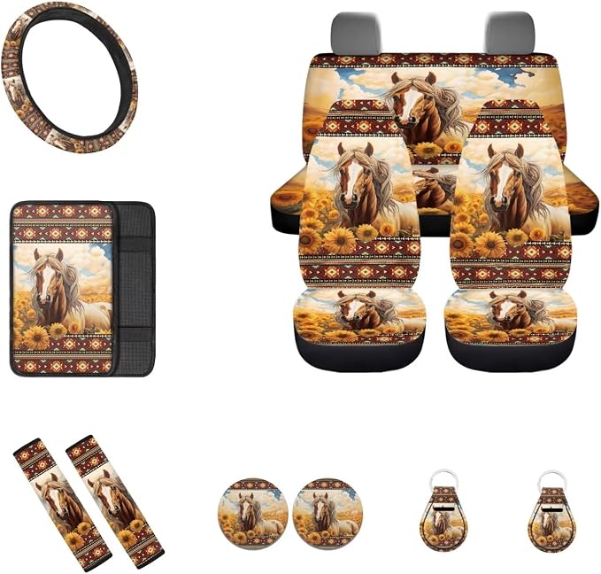 12 Pcs Aztec Horse Car Seat Cover Full Set,Southwestern Tribal Native Aztec Seat Cover Front and Back Set,Universal Fit Sunflower Auto Steering Wheel Wrap,Coaster,Armrest,Keychain for Women