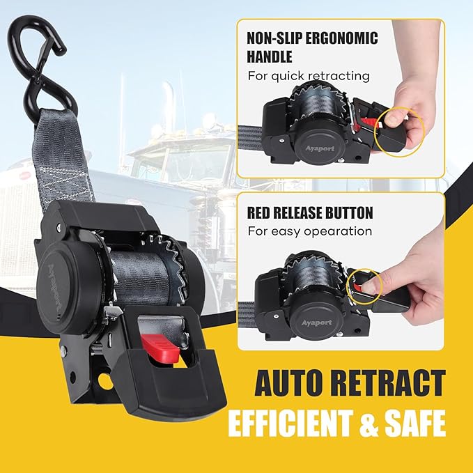 Ayaport Retractable Transom Tie Down Straps 2in X 8ft Boat Tie Down Straps to Trailer- 3300lbs Break Strength, Heavy Duty Bolt-on Ratchet Straps for Cargo, Boat, Motorcycles, ATV, 2pk