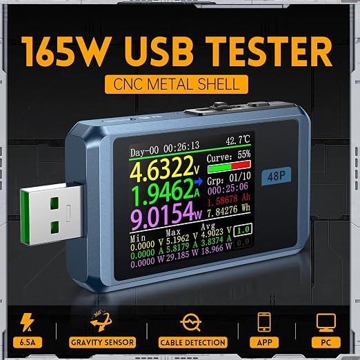 FNIRSI USB Tester 4-24V 6.5A LCD USB A&C Voltage Current Power Display Multimeter with App Software, Fast Charge Detection Trigger, PD2.0/PD3.0,QC2.0/QC3.0, CNC Metal Shell