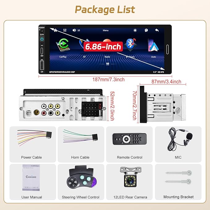 6.86 Inch Wireless CarPlay Car Stereo, Touch Screen Android Auto Radio with Mirror Link, Single Din Bluetooth 5.0 Audio Receiver with FM/RDS, EQ, Power-Off Memory,TF/USB/SWC + Rear View
